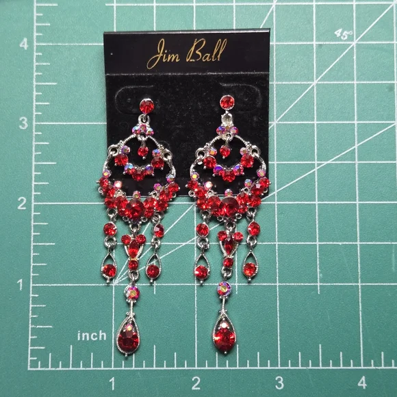 Jim Ball Red Swarovski Crystal Chandelier Statement Earrings NEW CHRISTMAS - Picture 4 of 4
